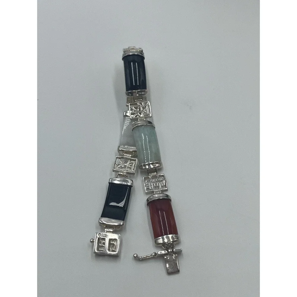Vintage 1960's Signed Chinese Jadeite Sterling Panel Link Bracelet 7.5